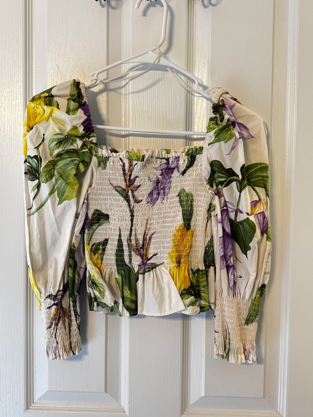 Zara White Smocked Crop Top with Yellow & Purple Floral